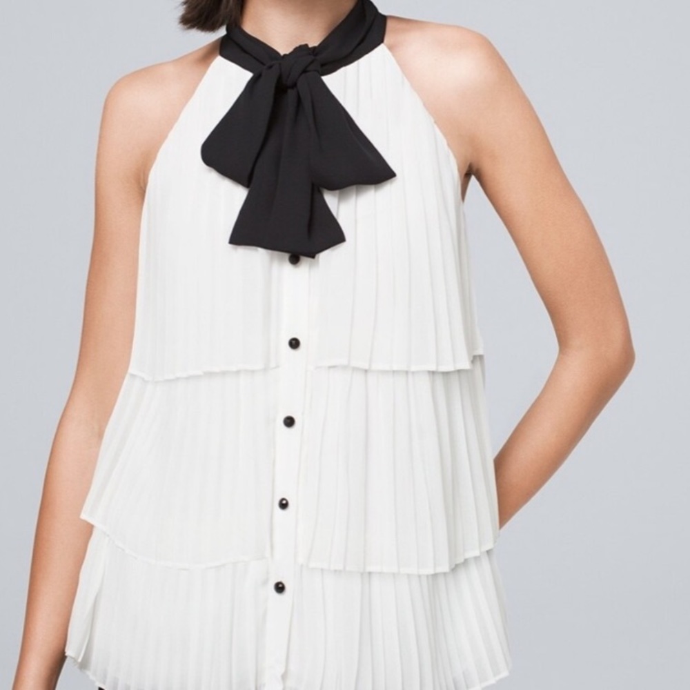 White House Black Market Black and White Pleated Blouse